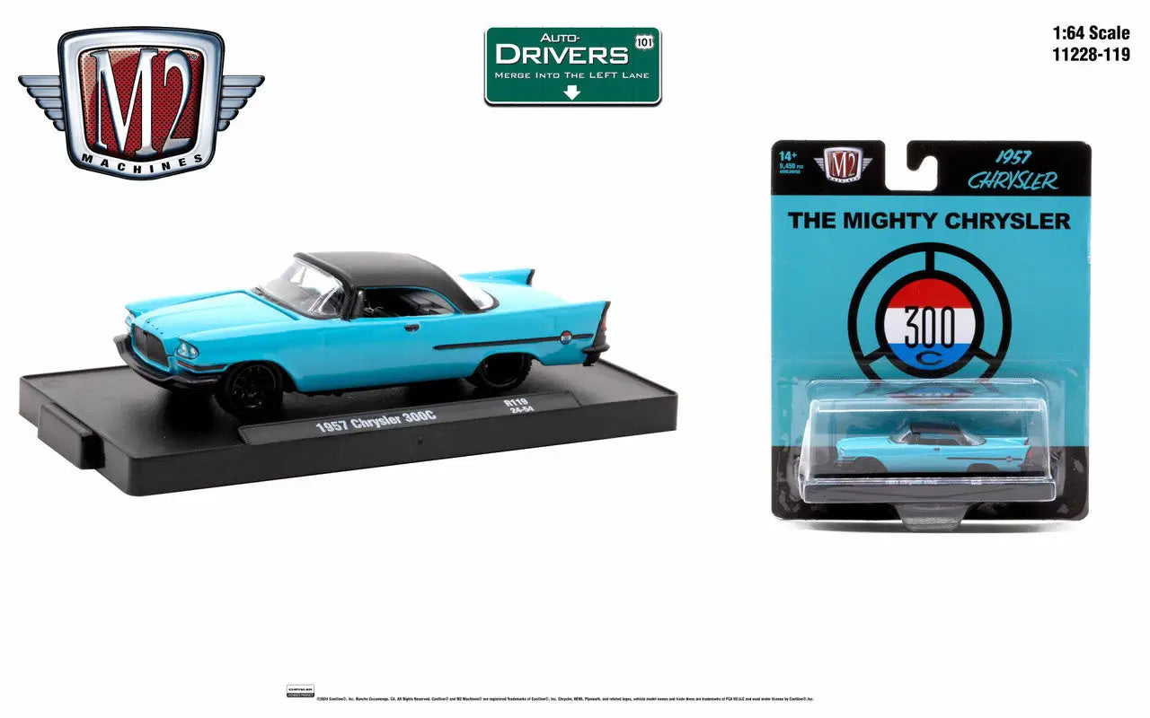 Turquoise 1957 Chrysler 300C die-cast model car from M2 Machines Auto series