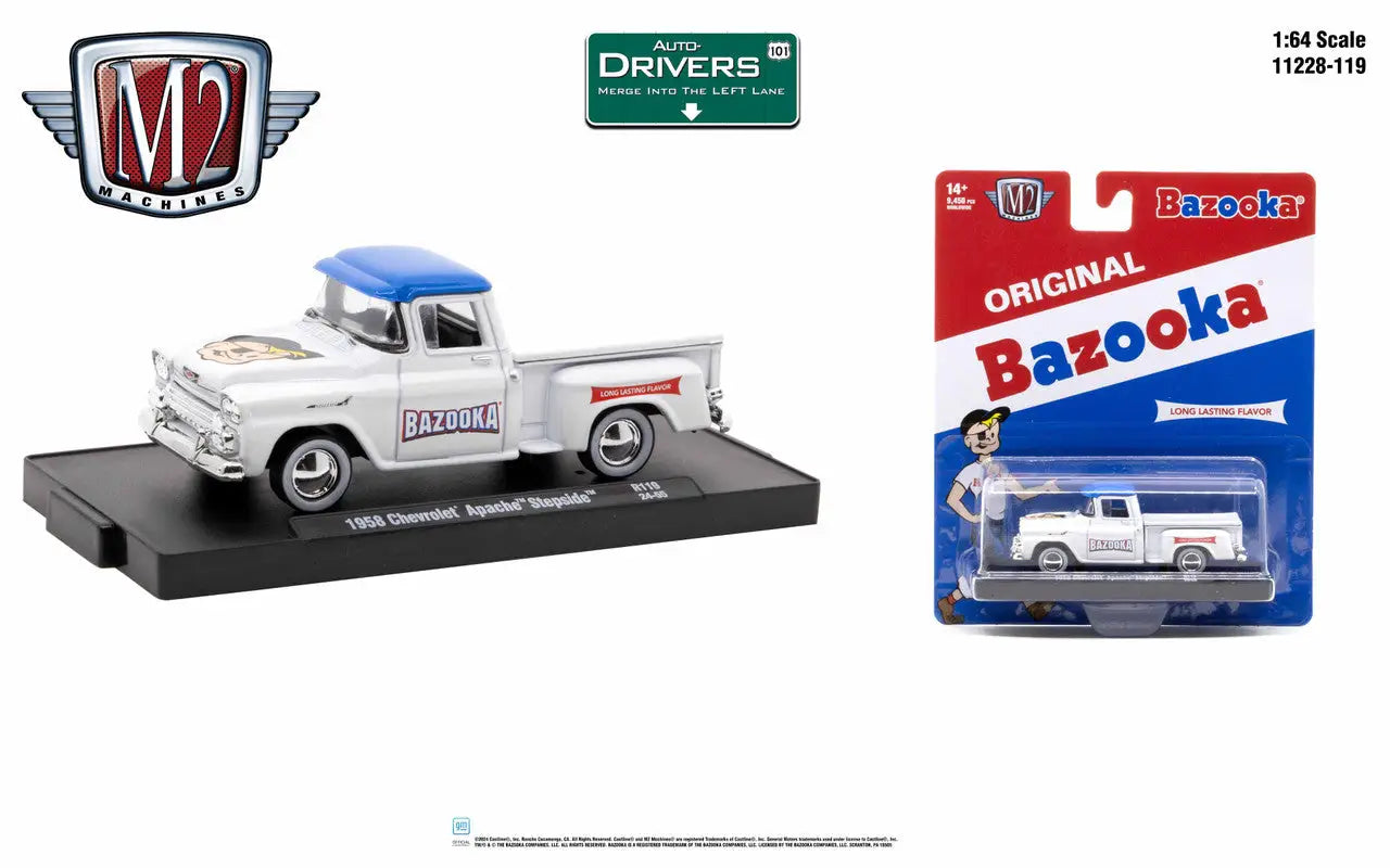 1958 Chevrolet Apache Stepside pickup truck in white and blue color scheme