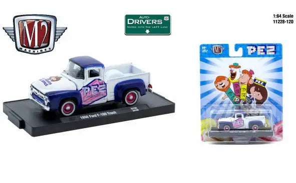 Blue and white 1957 Chevrolet pickup truck with PEZ branding in M2 Machines Auto product