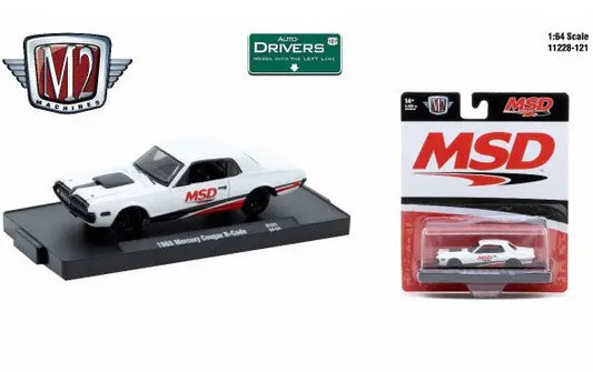 White MSD-branded diecast model of Mercury Cougar in M2 Machines Auto packaging