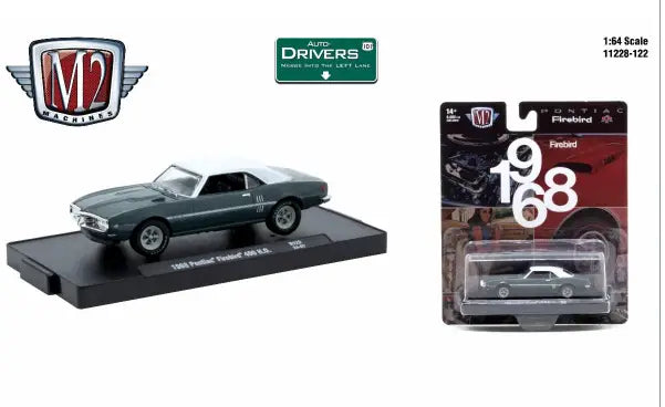 Two 1968 Pontiac Firebird diecast model cars from M2 Machines Auto trading cards collection