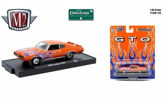 Orange 1969 Pontiac GTO diecast car from M2 Machines Auto-Drivers 1:64 series