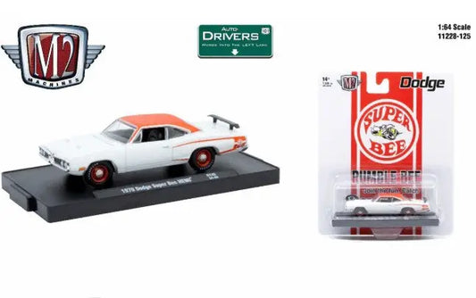 White and orange toy car from M2 Machines Dodge Super Bee HEMI series