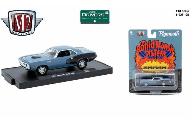 Blue and black 1971 Plymouth Cuda diecast car from M2 Machines Auto-Drivers 1:64