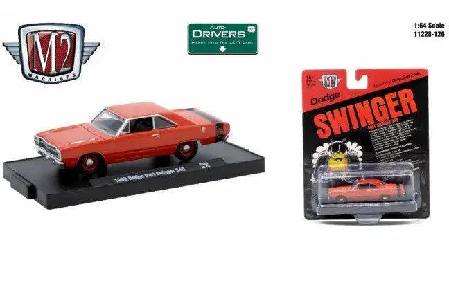 Orange 1969 Dodge Dart Swinger 340 die-cast model car from M2 Machines Auto-Drivers