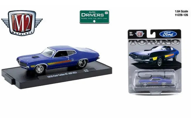 Blue 1970 Ford Torino diecast model car from M2 Machines Auto-Drivers series