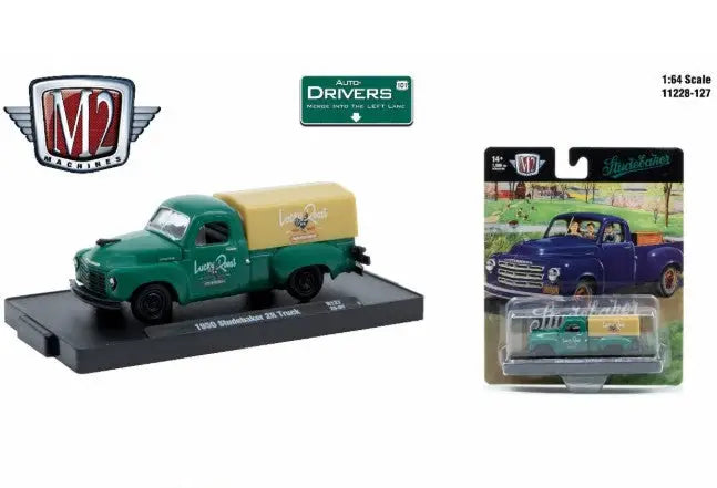 Green 1950 Studebaker 2R Truck die-cast model by M2 Machines Auto displayed on black base