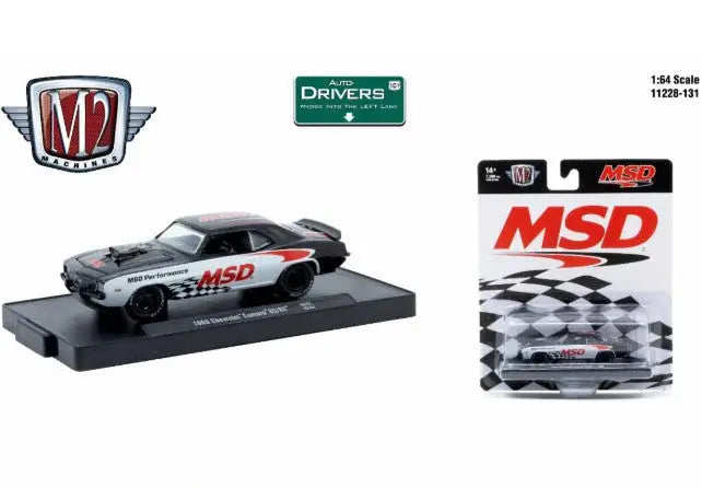 Die-cast Chevrolet Camaro model car on display stand with original packaging - M2 Machines Auto