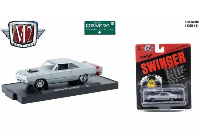 Collectible silver 1969 Dodge Dart Swinger 340 die-cast model car with red stripes from M2 Machines Auto