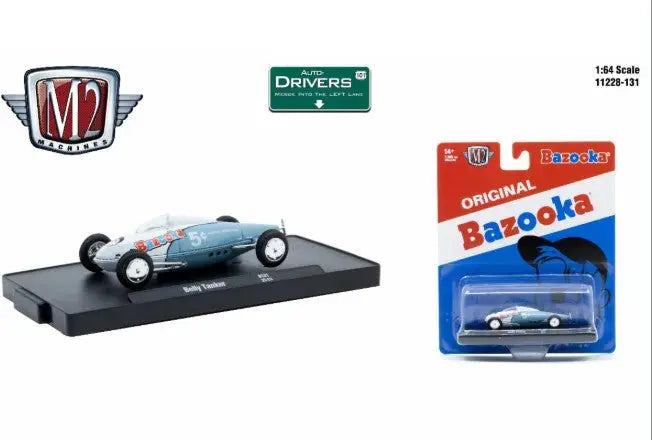 Light blue and silver M2 Machines Auto R131 Belly Tanker toy race car with white wheels