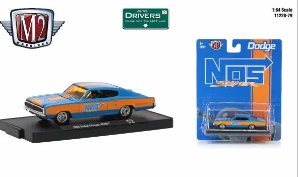 Blue and orange vintage Dodge Charger Hemi model with NOS branding from M2 Machines Auto-Drivers