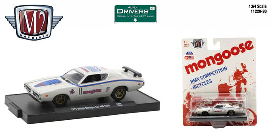 White and blue vintage Dodge Charger with racing stripes in M2 Machines Auto-Drivers set