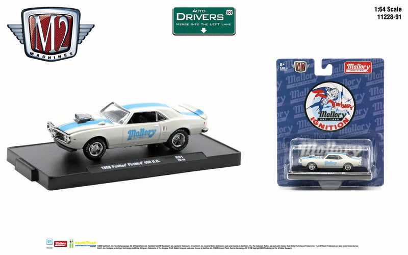 White and blue classic Pontiac Firebird model on display, M2 Machines Auto-Drivers