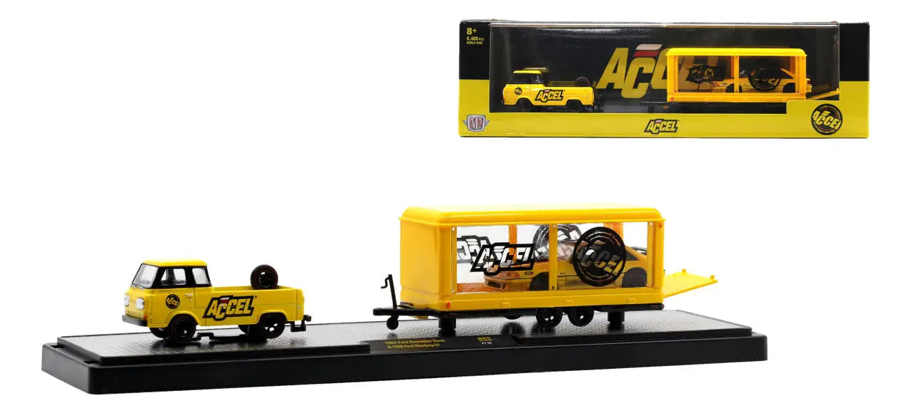 Toy set with yellow Ford Econoline Truck towing a trailer featuring Ford Mustang graphics