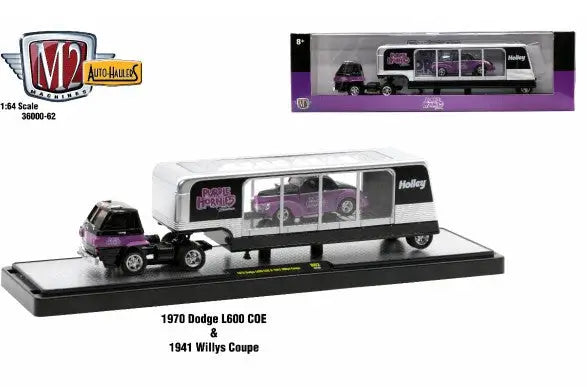 Miniature model of a 1970 Dodge L600 auto hauler with 1941 Willys Coupe trailer