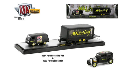 Set of three black model vehicles featuring Ford Econoline Truck and Tudor Sedan in Auto Hauler