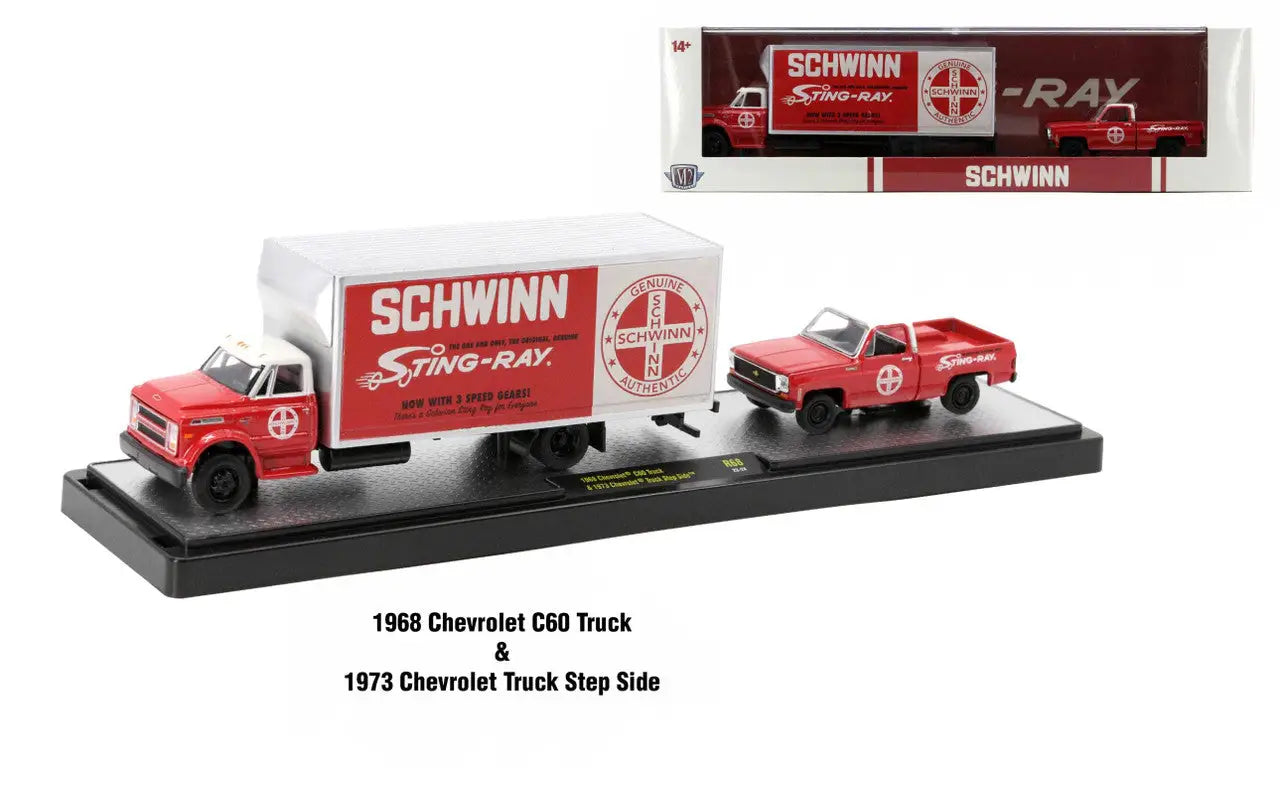 Red and white Schwinn delivery trucks on display from M2 Machines Auto Hauler collection