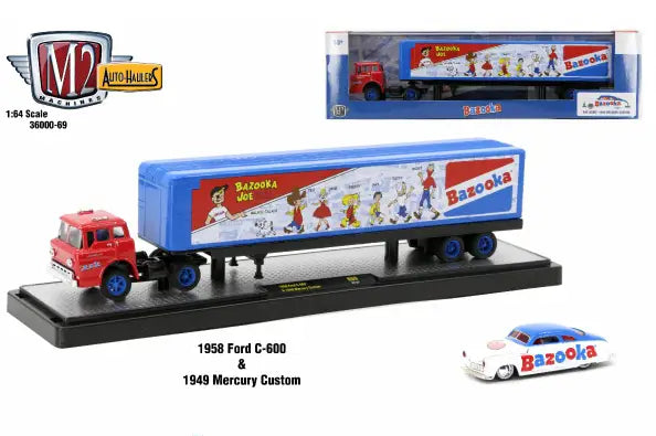 Toy truck and trailer model with Bazooka bubble gum branding in M2 Machines Auto Hauler
