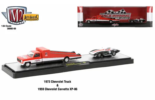 Die-cast model of M2 Machines Auto Hauler with 1973 Chevrolet Truck and 1959 Corvette XP-87