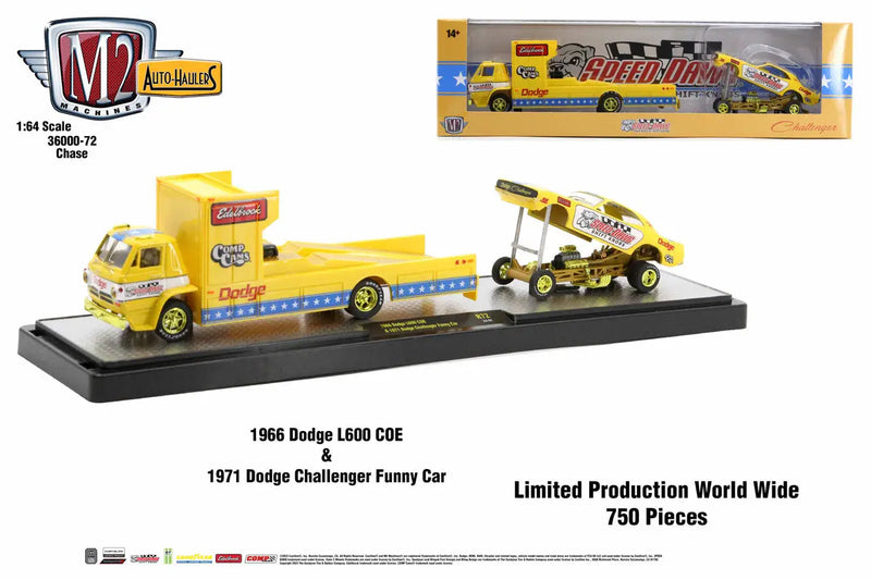 Yellow toy truck and trailer set featuring Dodge L600 COE and Dodge Challenger Chase