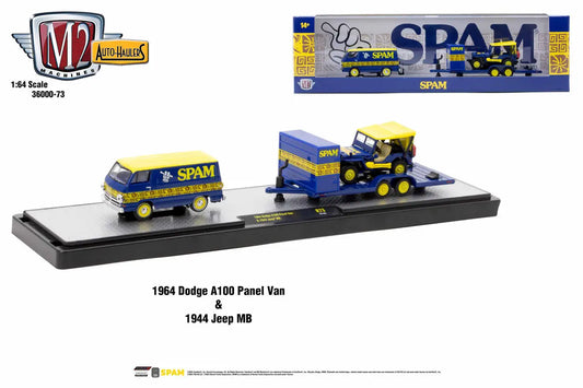 M2 Machines Auto Hauler featuring 1964 Dodge A100 Panel Van and 1941 Jeep MB with SPAM branding