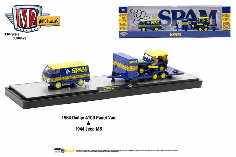 M2 Machines Auto Hauler featuring 1964 Dodge A100 Panel Van and 1941 Jeep MB with SPAM branding