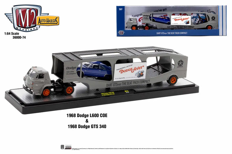 1966 Dodge L600 COE truck hauling a 1966 Dodge GTS 340 in M2 Machines Auto Hauler model