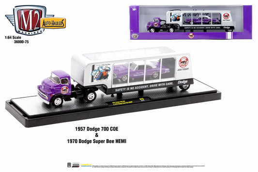 Purple and white 1957 Dodge 700 COE truck in M2 Machines Auto Hauler with Super Bee Hemi