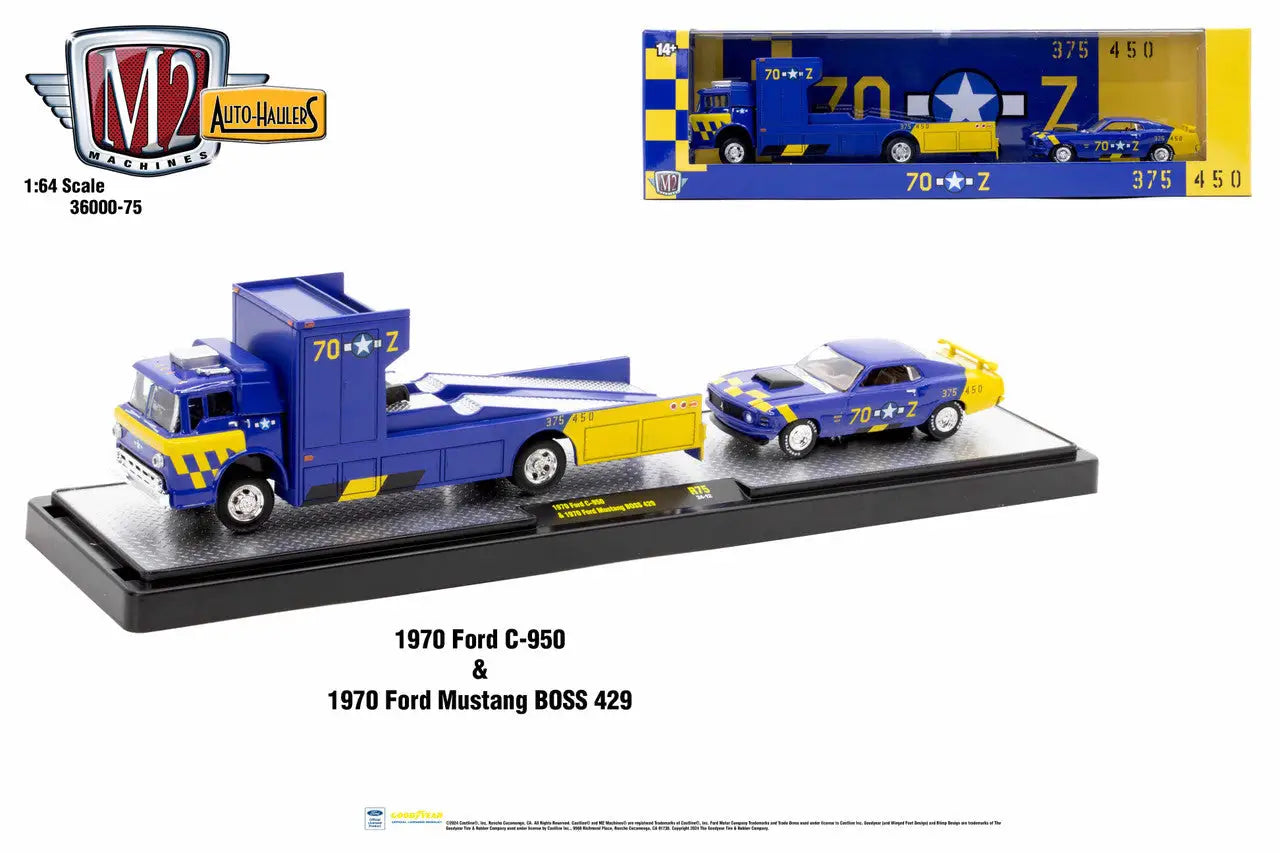 Blue Ford C-950 auto hauler with Ford Mustang Boss 429 on trailer by M2 Machines Auto