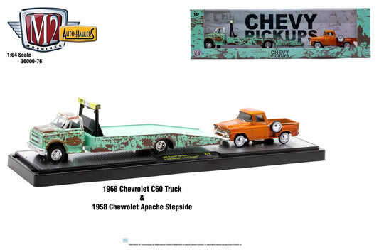 Die-cast model of M2 Machines Auto Hauler featuring 1965 Chevrolet C60 Truck and 1956 Apache