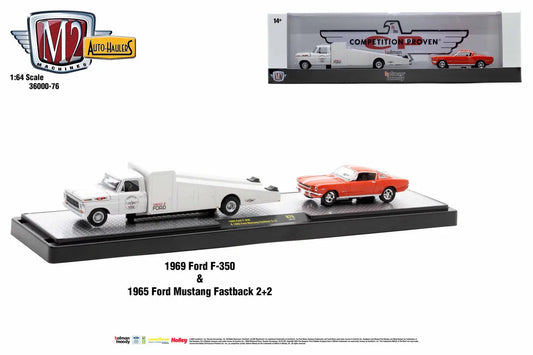 White Ford F-350 ramp truck with red Ford Mustang Fastback 2+2 in M2 Machines Auto Hauler