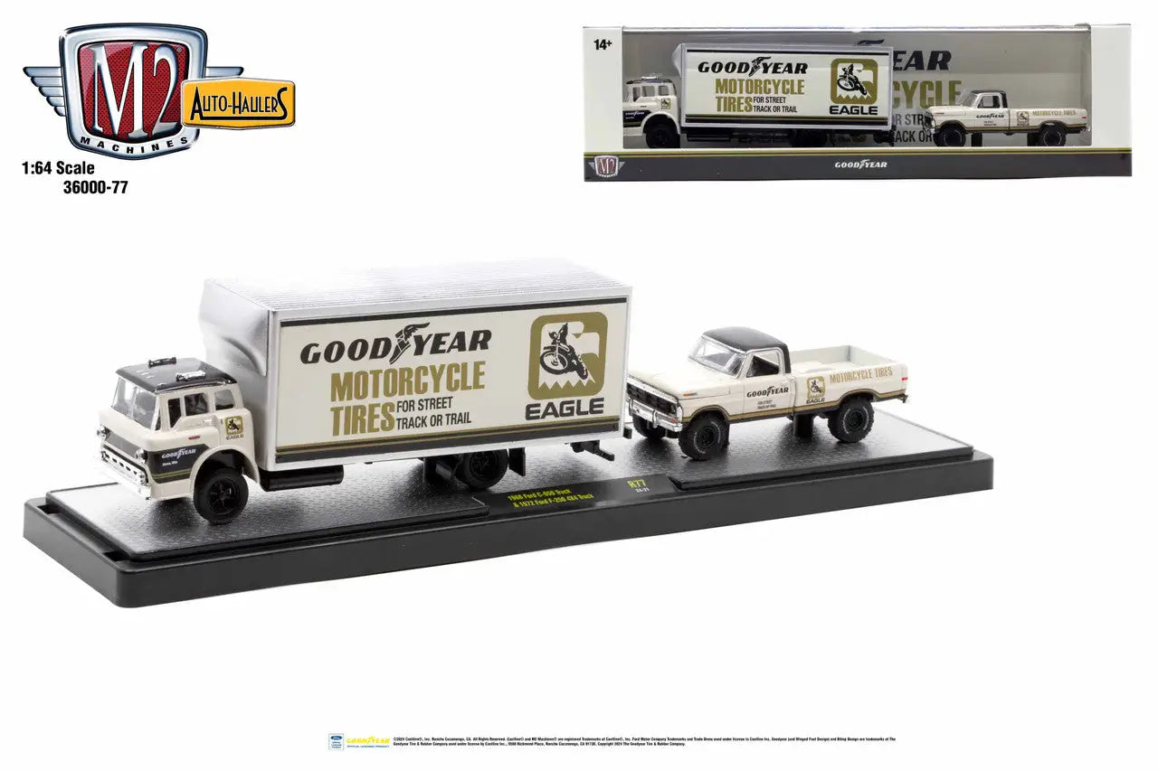 White Goodyear delivery truck and pickup in M2 Machines Auto Hauler model set