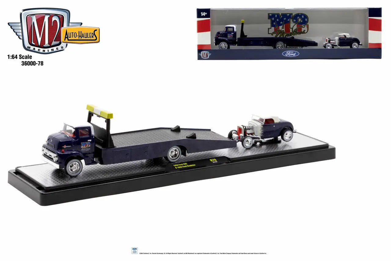 Black flatbed truck hauling a vintage hot rod from M2 Machines Auto Hauler collection