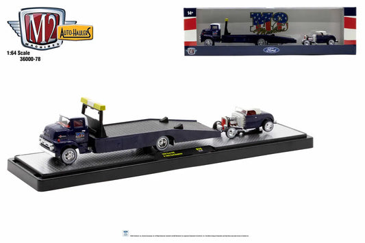 Black flatbed truck hauling a vintage hot rod from M2 Machines Auto Hauler collection