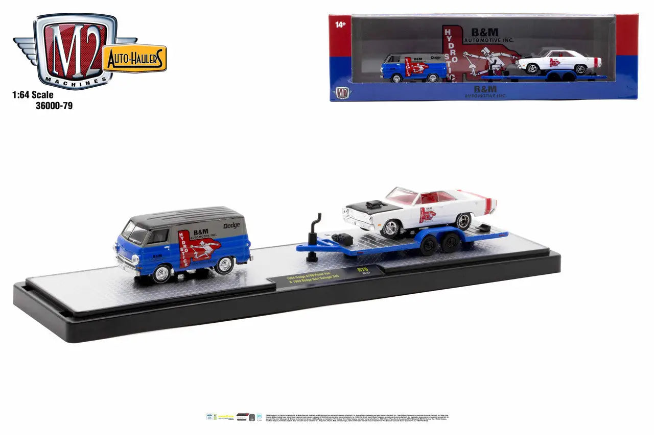 Blue and white M2 Machines Auto-Haulers die-cast set with Dodge A100 Panel Van and race car