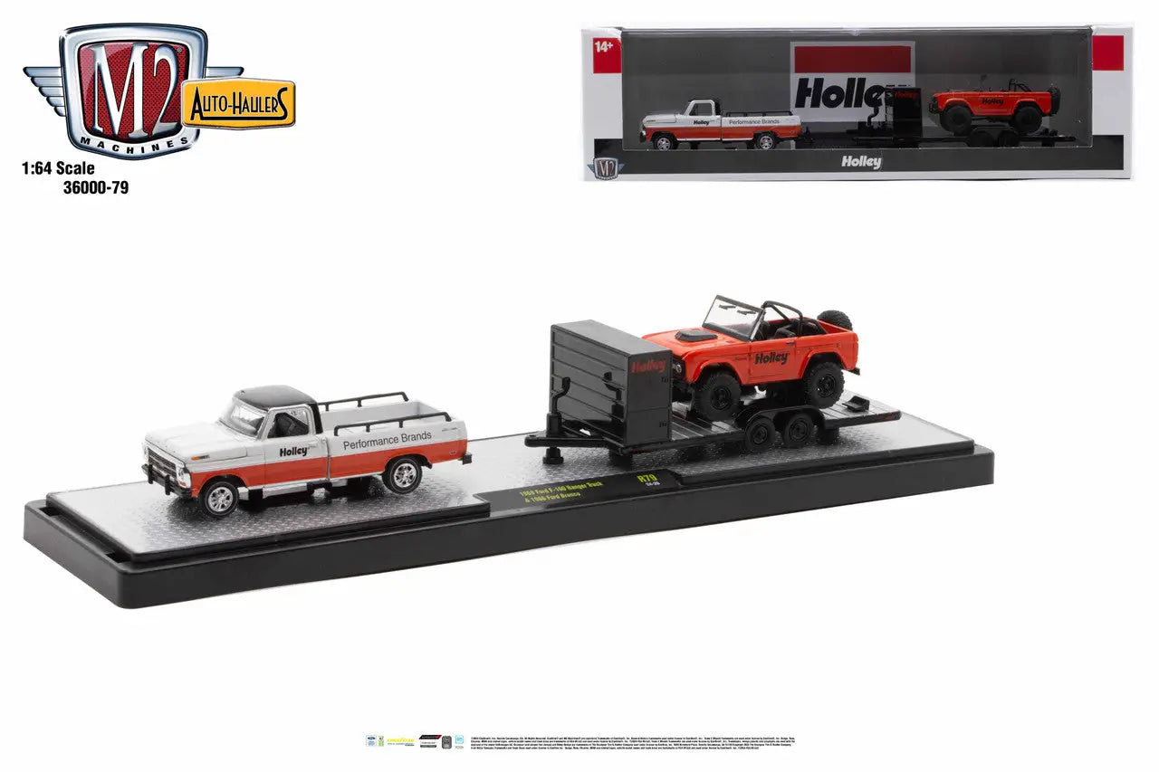 Toy truck and SUV on a machines auto hauler trailer for the M2 Machines auto hauler