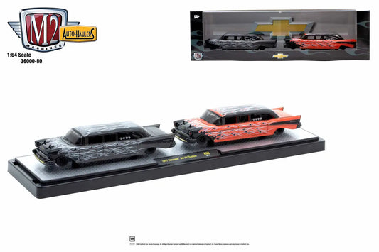 Two 1957 Chevrolet Bel Air Custom model cars on a black platform for M2 Machines Auto Hauler