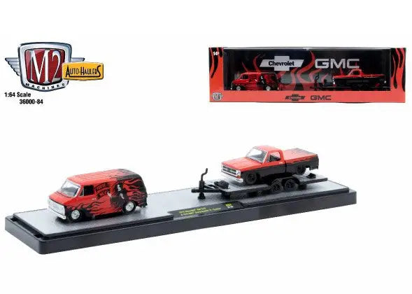 Diecast car and truck set featuring M2 Machines Auto Hauler with Chevrolet Van G101976 GMC Sierra Grande 15