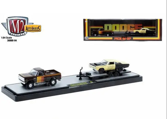 Diecast Dodge pickup and car set featuring M2 Machines Auto Hauler Power Wagon Pick