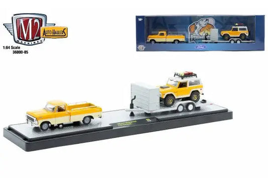 Yellow and white toy truck and SUV on a machines auto hauler trailer for auto hauler vehicles