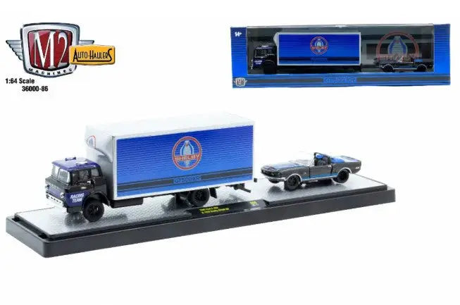 Toy truck and car set featuring M2 Machines Auto Hauler with 1966 Ford C-950 and Shelby GT500