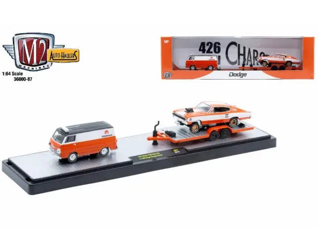Die-cast machines auto hauler set with Dodge A100 Panel Van and Charger Gasser in collector’s box