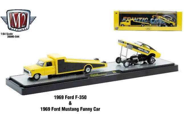 Yellow 1969 Ford F-350 and Mustang Funny Car diecast set in M2 Machines Auto Hauler S44