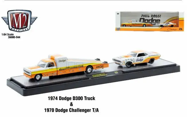Diecast Dodge D350 Truck and Challenger T/A auto hauler S44 set for M2 Machines