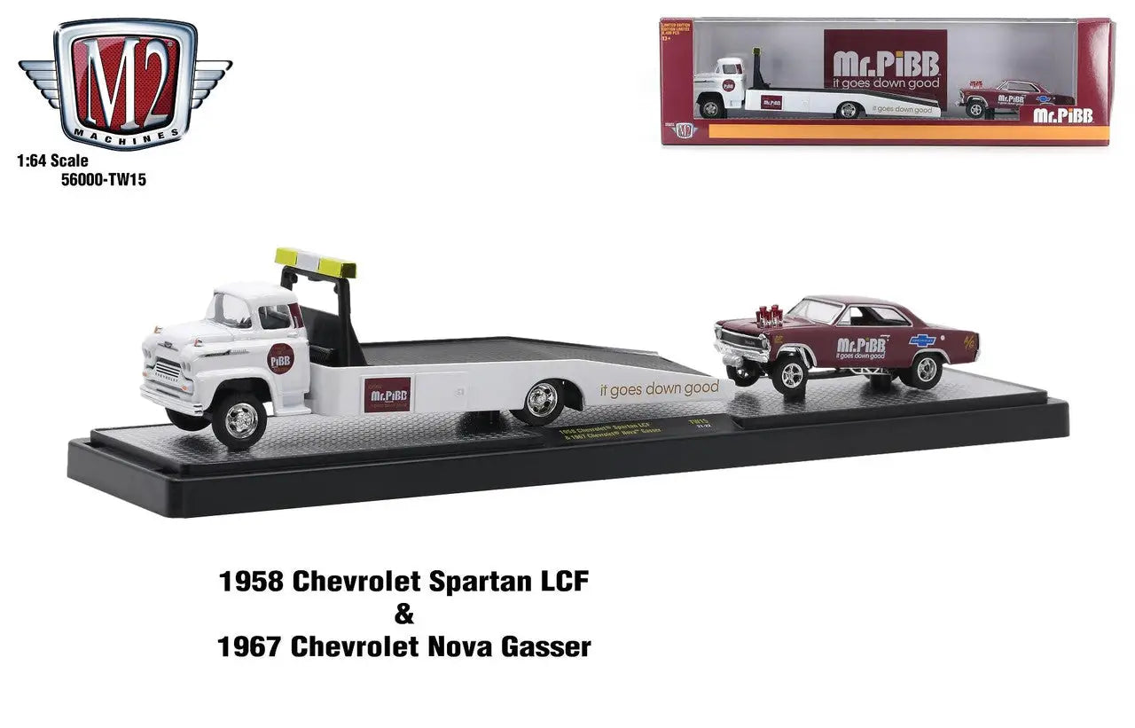 1958 Chevrolet Spartan LCF flatbed tow truck with 1967 Chevrolet Nova Gasser on M2 Machines Auto Hauler TW15