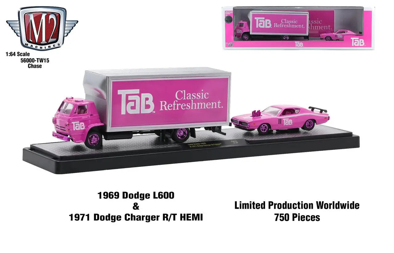 Pink Tab-branded 1969 Dodge L600 with 1971 Dodge Charger R/T HEMI on M2 Machines Auto Hauler