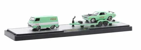 Diecast model set of M2 Machines Auto Hauler TW16 with Dodge A100 and Plymouth Hemi Cuda