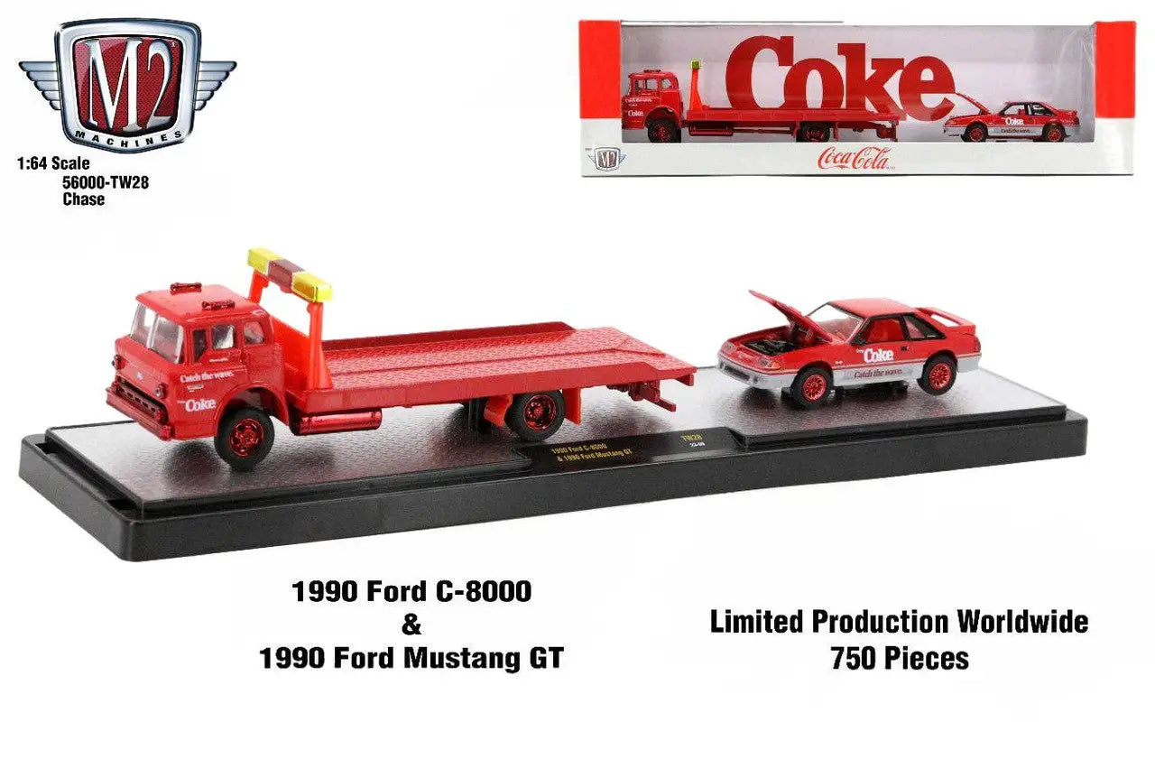 Red Coca-Cola M2 Machines Auto Hauler TW28 with 1990 Ford C-8000 and Mustang GT Chase