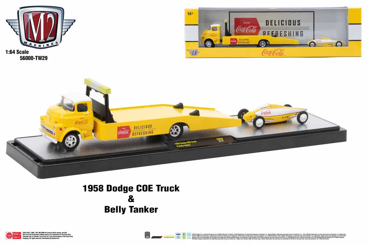 Yellow 1958 Dodge COE Truck with Belly Tanker on display from M2 Machines Auto Hauler TW29