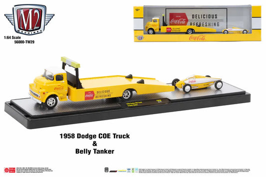 Yellow 1958 Dodge COE Truck with Belly Tanker on display from M2 Machines Auto Hauler TW29